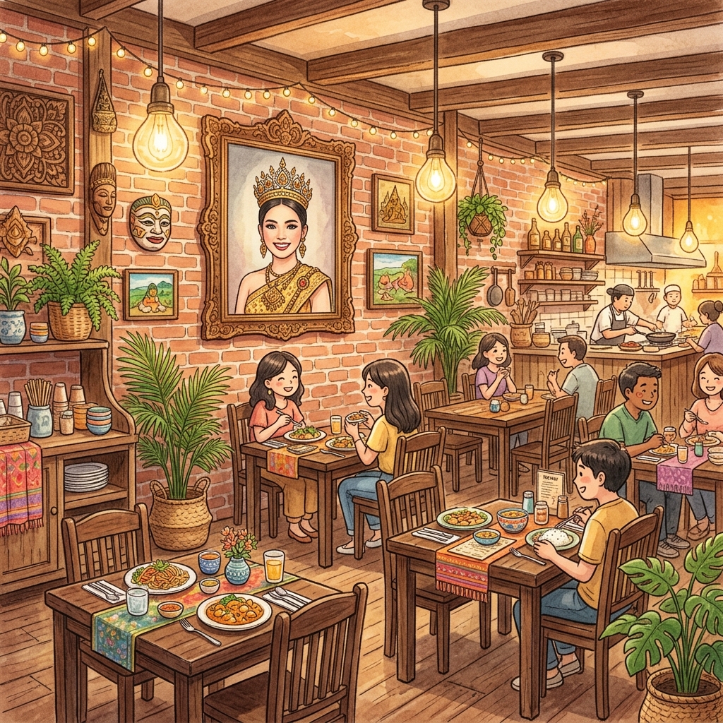 Sri Trat restaurant interior with warm ambient lighting and rustic Thai decor